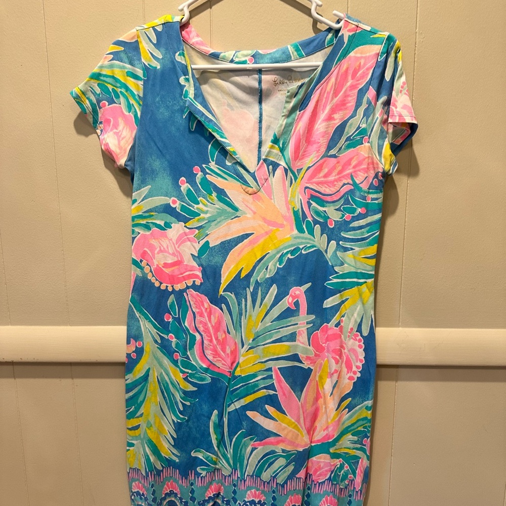 Lilly Pulitzer Blue and Pink Plunge Neck Mini Sundress